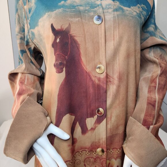 Horse-Print Long-Sleeve Button-Down Shirt Dress With Mandarin Collar Size Large - Picture 2 of 11